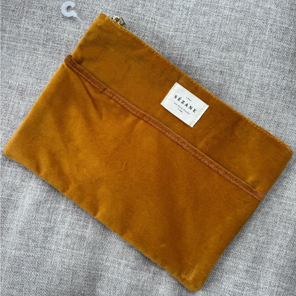 Sezane Saffron Velvet Pouch Vintage Paris Rue Saint-Fiacre Zip Top Front Pocket